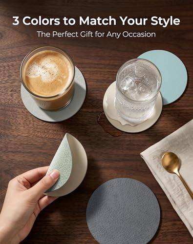 Leetaltree Reversible Leather Coasters Set of 18 with Holder, 4" Round Waterproof Heat-Resistant Non-Slip Cup Mats for Coffee Table, Bar, Dining Room - color: Mist Grey, size: Set of 18