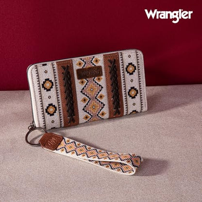 Wrangler Wallet Purse for Women Western Aztec Clutch Wristlet Wallet with Credit Card Holder - color: Angel Coffee