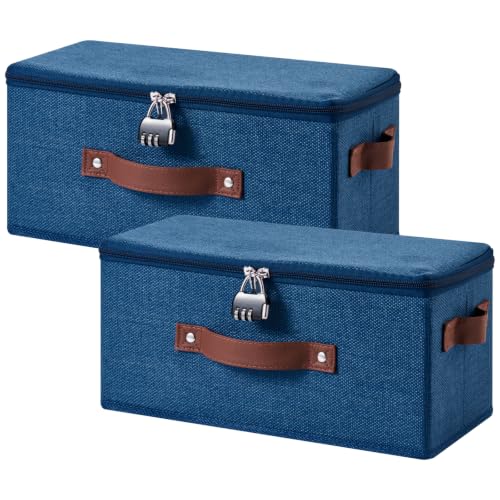 2PCS Lockable Storage Bins Box with Zipper Lid Combination Lock | Cotton Linen Fabric Basket w/ PU Leather Handles, DVD CD Container, Foldable Closet Shelf Organizer, Deep Blue, 13"x 6"x 6" - color: Deep Blue, size: Small-13"L ( Set of 2 )