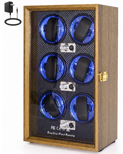 Watch Winder for Automatic Watches, Walnut 6 Slots Winding Watch Box with Japanese Blue LED & Quiet Motor for Rolex and Auto Watches, Wooden Rotating Watch Case Used for Display, Storage & Gift - size: 6 slots