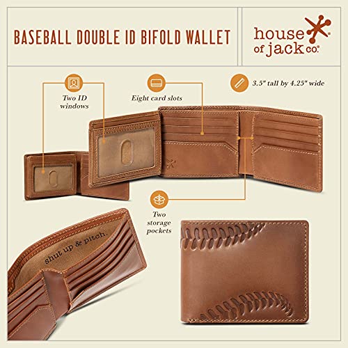 House of Jack Co. Baseball Double ID Bifold Wallet for Men, 2 ID Windows | 10 Card Slots, Full Grain Leather Men's Bifold Wallet, Baseball Wallet, Baseball Fan and Coach Gift, Gift for Men, Brown - style: Baseball Double Id Bifold