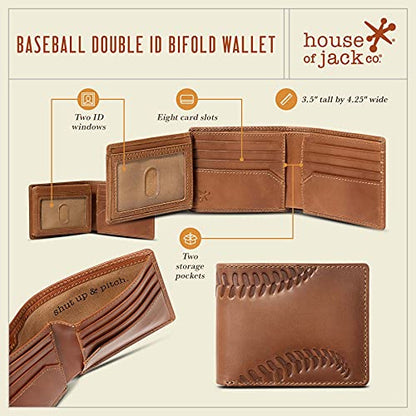 House of Jack Co. Baseball Double ID Bifold Wallet for Men, 2 ID Windows | 10 Card Slots, Full Grain Leather Men's Bifold Wallet, Baseball Wallet, Baseball Fan and Coach Gift, Gift for Men, Brown - style: Baseball Double Id Bifold