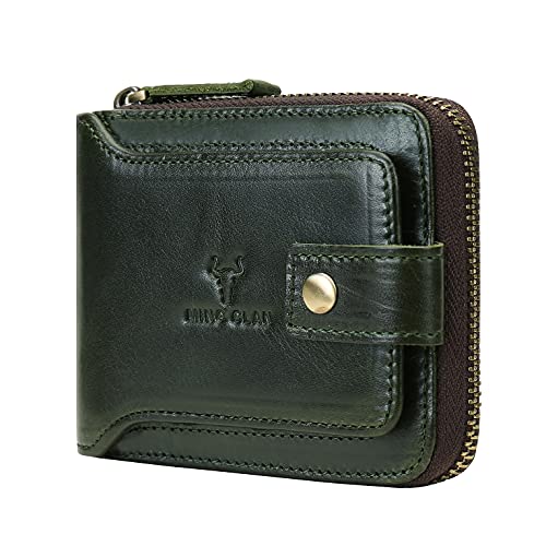 MING CLAN Leather RFID Blocking Bifold Wallet For Men With Zipper, Flap ID Window Zip Coin Pocket, Big Capacity Credit Card Holder For Travel - color: Green