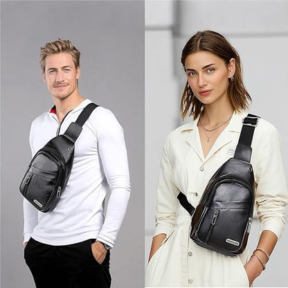 Sling Bag Set, PU Leather Sling Bag, Multi-Zipper Design for Travel, Outdoors, Valentine’s Day Gifts - color: Black