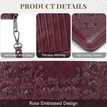 MEITRUE Womens Wallet Large Capacity Phone Clutch Purse RFID Floral Embossed Vegan Leather Travel Wallet with Wristlet Red - color: 07-red