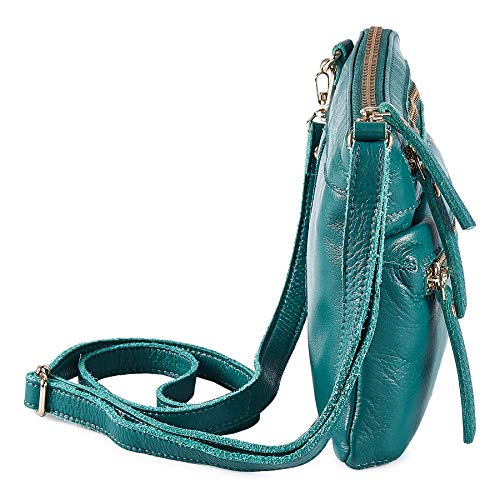 Small Leather Crossbody Bag for Women Adjustable Sling Purse Multi Pocket | Genuine Top Grain Leather, 4 Zip Pockets, Cross Over for Travel, Gift for Women, Phone Pocket - color: Emerald Green Nappa