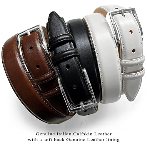Adam Silver Men's Genuine Italian Calfskin Leather Dress Belt 1-1/8"(30mm) Wide Polished Buckle - color: Smooth Brown, size: 32