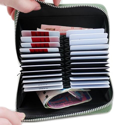 boshiho RFID Blocking 24 Slot Credit Card Holder Wallet Real Leather Multi Card Organizer Wallet with Zipper - color: Green