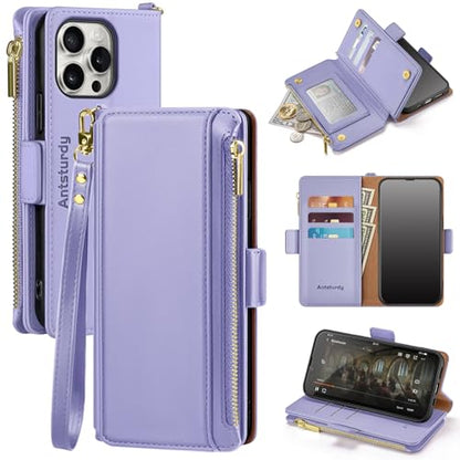 Antsturdy for iPhone 15 Pro Phone Wallet Case Women,Lightpurple | RFID Blocking,with Credit Card Holder Slots,PU Leather Purse,Zipper Pocket,Wrist Strap Kickstand,Flip Folio Cover for Men - color: Light Purple