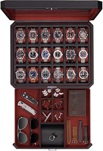 ROTHWELL 18-Slot Watch Case with Drawer – Luxury Watch Box for Men, Real Glass Top, Lockable, Display Case for Collections (Black/Red) - color: Black / Red