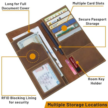 WANDERINGS Genuine Leather Passport Wallet - 4.25 x 9 - Large Leather Passport Holder for Travel - Folding Leather Travel Wallet Case with RFID Blocking, Travel Organizer for Men and Women - style: Tall