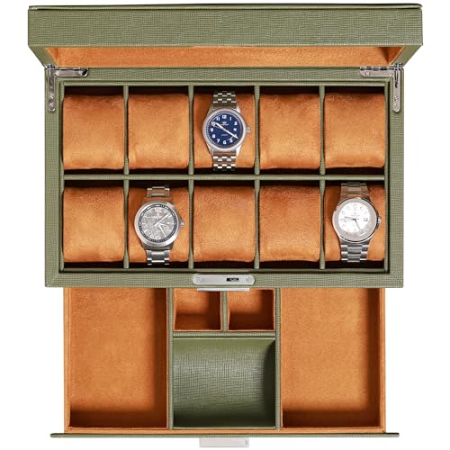 ROTHWELL 10-Slot Watch Box in Leather with Valet Drawer, Luxury Watch Case Display Organizer with Ultra Soft Microsuede Liner, Jewelry and Sunglass Holder With Large Glass top (Green/Tan) - color: Green/Tan