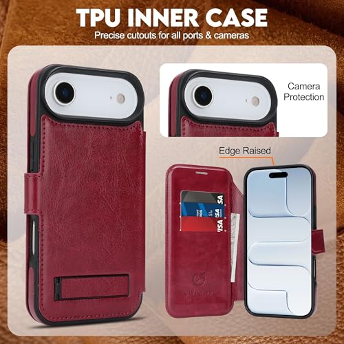 for iPhone Air Wallet Case with Stand,PU Leather Flip Credit Card Holder Slots (RFID Blocking),Compatible with Magsafe Magnetic Holder Phone Cover Women Men,Wine Red - color: Wine Red, size: iPhone Air 6.7"
