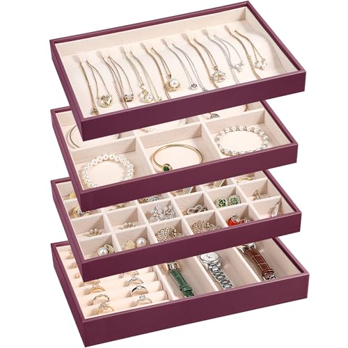 LANDICI 4-Piece Stackable PU Leather Jewelry Organizer Trays,Purple | Four stackable PU leather trays with flannel lining, ring rolls, necklace hooks and removable dividers for customized storage - color: Purple