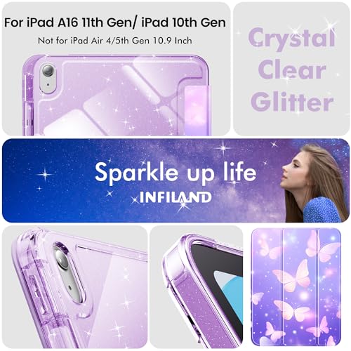 INFILAND Glitter Case for iPad A16 11th/10th Generation 11/10.9 Inch | 2025/2022 Sparkly Clear Cute Protective Cover Back with Pencil Holder For Kids Girls Purple Flutter - color: Purple Flutter