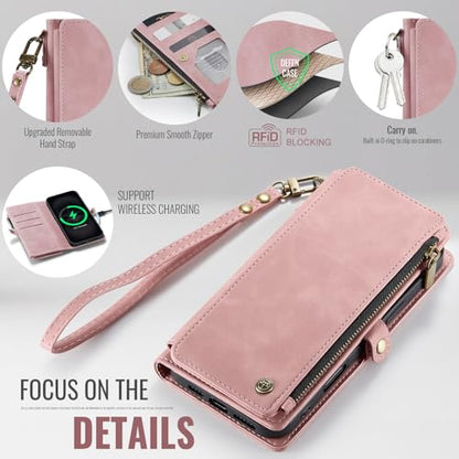 Defencase for iPhone 11 Wallet Case with RFID Blocking Card Holder, Pink | Durable Soft PU Leather, with Zipper Pocket, Wrist Strap, Fashion Snap Flip Phone Cases Cover with Stand for Women and Men - color: Rose Pink