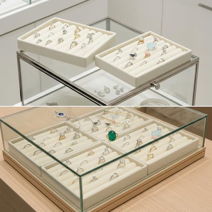 Ring Display Holder, 2 Pcs Small Jewelry Tray Velvet Ring Organizer Stackable Jewelry Organizer Trays Jewelry Drawer Organizers Inserts for Selling Rings Earrings (Beige)