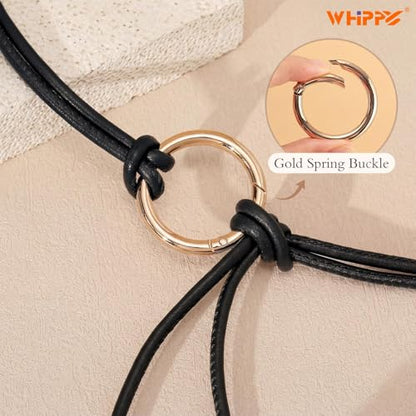 WHIPPY Women Skinny Leather Belts for Dresses Boho Thin Leather Knotted Waist Belt - color: Black, size: Fit Waist Size up to 53"