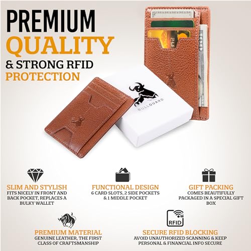 BULL GUARD Mens RFID Blocking Leather Slim Card Case Wallet with Easy Access ID windows, Cash & Card Slots, Crafted with Premium Top Grain Leather Ideal for Travel or Everyday Use (Wild Buffalo Brown) - color: Wild Buffalo Brown