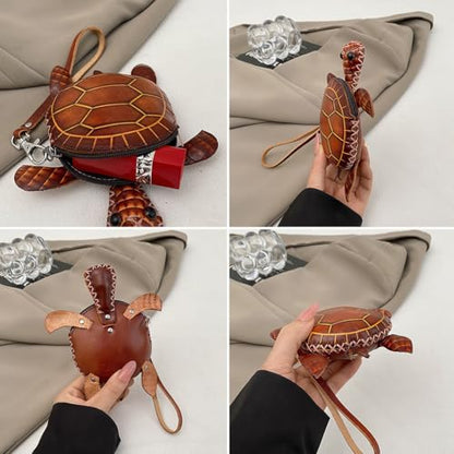 3D Turtle Shaped Leather Coin Purse, Cute Animal Wristlet Pouch for Change, Cards &Keys, Novelty Cartoon Mini Clutch Handbag (Brown) - color: Brown