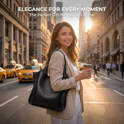 MYHOZEE Vegan Leather Tote Bags for Women Multi Pocket Shoulder Purse Triple Compartment Handbags Fits 12.9 Inch Tablet - color: Cognac Work Bag