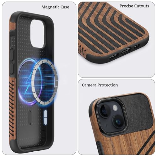 Magnetic Case Compatible with iPhone 13 Case [Compatible with MagSafe] Wood and Leather Carbon Fiber Design Hybrid Shockproof Phone Case 6.1" (Wood and Leather) - color: Wood Leather, size: iPhone 13