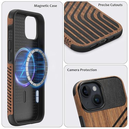 Magnetic Case Compatible with iPhone 13 Case [Compatible with MagSafe] Wood and Leather Carbon Fiber Design Hybrid Shockproof Phone Case 6.1" (Wood and Leather) - color: Wood Leather, size: iPhone 13