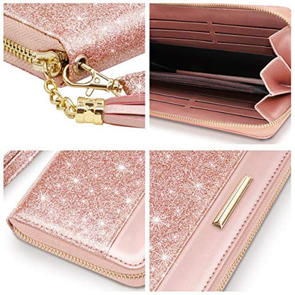 Coco Rossi Pink Glitter Wallet for Women RFID Blocking Credit Card Holder | PU Leather, Zipper Around, Multi Card Case, Clutch with Tassel Wristlet Wrist Strap, Gifts for Girls Ladies - color: A Pink Glitter