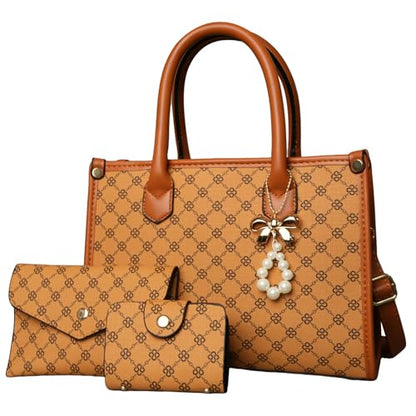 Women Handbag Fashion Satchel Shoulder Tote Top Handle Bag | Sturdy Structured, Spacious, PU Leather, Plaid, Bow, 3pcs, Coin Purse and Small Card Holder, Versatile for Daily Work - color: Yellow