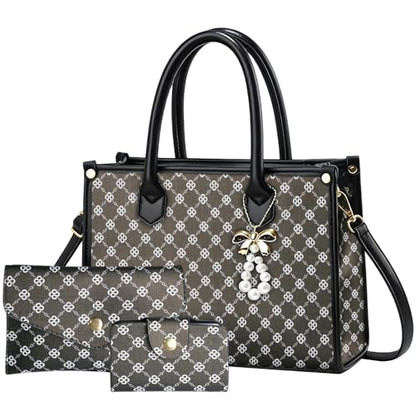 Women Handbag Fashion Satchel Shoulder Tote Top Handle Bag | Sturdy Structured, Spacious, PU Leather, Plaid, Bow, 3pcs, Coin Purse and Small Card Holder, Versatile for Daily Work - color: Black