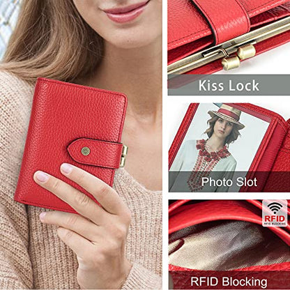 CONTACTS Full Grain Leather Kiss Lock Wallet for Women Small Kiss Clasp Coin Purse Red Bifold Card Holder with Rfid Blocking - color: Red