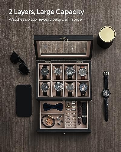 SONGMICS 8-Slot Watch Box, 2-Tier Watch Display Case with Large Glass Lid, Removable Pillows, Velvet Lining, Jewelry Box, Gift Idea, Ebony Black UJOW008B01 - color: Ebony Black, size: 2 Layer 8 Slot