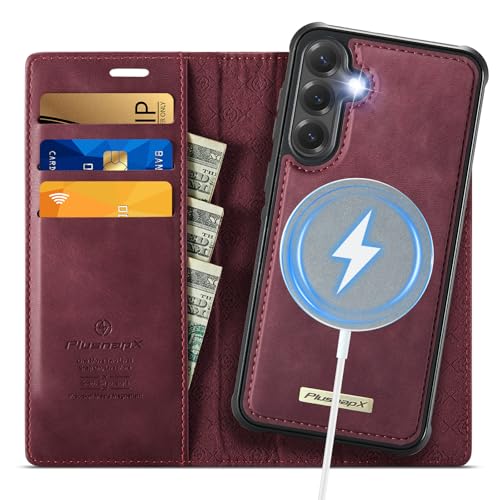 for Samsung Galaxy S24 5G 2in1 Detachable Wallet Case, Burgundy | Compatible with Magsafe, Magnetic, RFID Blocking Card Holder, Shockproof, Kickstand, Wireless Charging, PU Leather Flip Cover - color: Retro Burgundy, size: Galaxy S24 - 6.2"