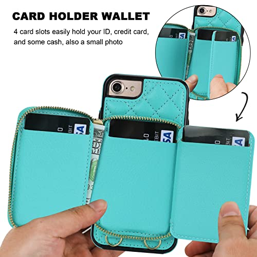 Bocasal Crossbody Wallet Case for iPhone SE 2022/SE 2020/8/7, Green | RFID Blocking PU Leather Zipper Handbag Purse, Kickstand Flip Folio Case with Card Slots Holder Wrist Strap Lanyard 4.7 Inch - color: Green