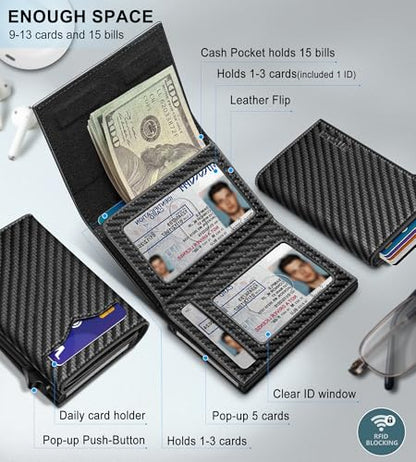 Wallet for Men,with Cash Pocket 2 ID Window 9-13 Cards,Metal Case Smart Slim Pop Up Credit Card Holder Flip with Magnetic Closure RFID Blocking Trifold wallet with Gift Box - color: Black072
