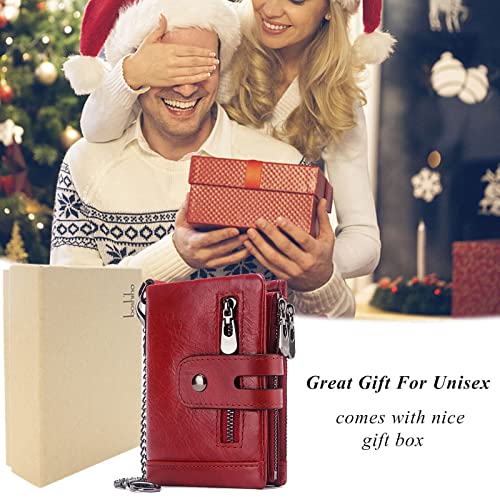 Genuine Leather Bifold Chain Wallet for Men RFID Blocking | Heavy Duty Steel Anti-Theft Chain & 2 Zipper Coin Purse. Perfect for Bikers, Daily Commute, Gift for Dad/Husband - color: Red-2