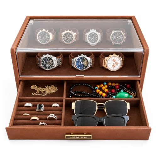 KAMIER 7 Slot Watch Box for Men, PU Leather Watch Display Case with Lid | Watch Case Jewelry Storage Drawer Organizer for Watches Rings Necklaces Sunglasses, Watch Holder Gift for Father Husband - color: Brown