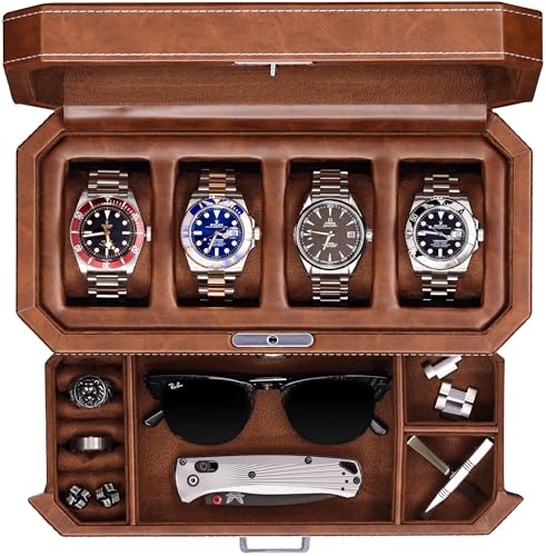 ROTHWELL 4 Slot Leather Watch Box with Valet Drawer - Luxury Case Display Jewelry Organizer, Locking Display Case Holder with Real Glass Top - Watch Box Organizer for Men & Women (Tan) - color: Tan / Brown
