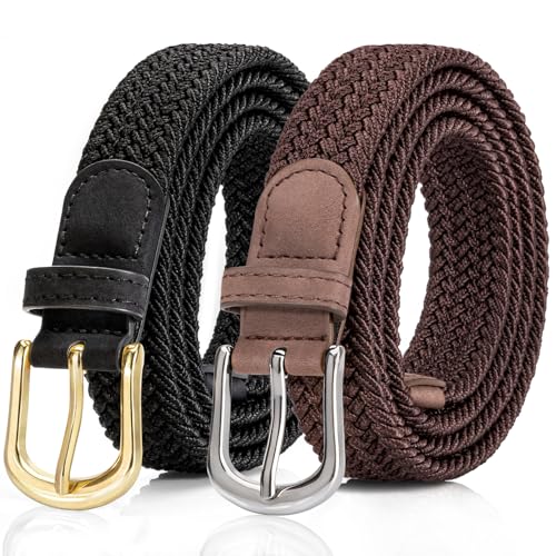 2 Pack Braided Belt for Women, Elastic Woven Stretch Belt | 2 pack woven elastic women's belts with gold & silver buckle, 1" wide - color: 2p. Black+s-coffee, size: waist size 25-29"