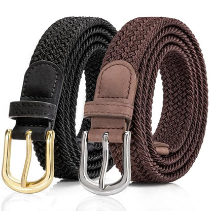 2 Pack Braided Belt for Women, Elastic Woven Stretch Belt | 2 pack woven elastic women's belts with gold & silver buckle, 1" wide - color: 2p. Black+s-coffee, size: waist size 25-29"