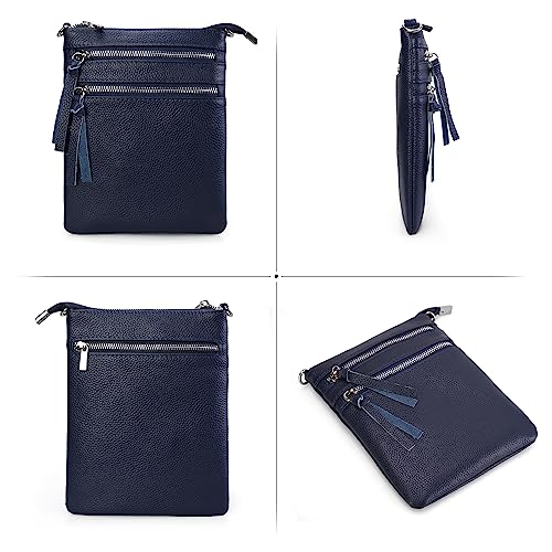 befen Small Genuine Leather Crossbody Purses for Women Trendy Travel Shoulder Handbags with Multiple Zipper Pockets - color: Navy Blue