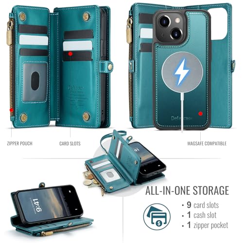 Defencase for iPhone 11 Phone Case Wallet Compatible with Magsafe, Green | Magnetic Detachable, Drop-Proof Protective Wallet Cases Cover, with RFID Bolcking Card Holder, Zipper Strap, Soft PU Leather - color: (Detachable with Magsafe)-Blue Green