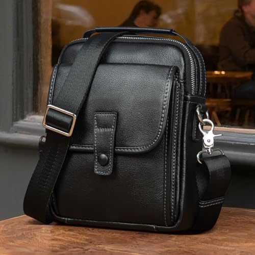 Genuine Leather Small Messenger Bag Crossbody - color: Black-1