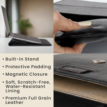 Genuine Leather Laptop Sleeve 13-14 Inch, Padded Full Grain Leather Case with Built-in Stand - Black, Compatible with MacBook Air, MacBook Pro, Dell, HP, Lenovo - color: Black, size: For 13” - 14” Laptops