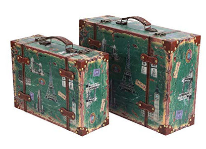Set of 2 European Landmarks Vintage Wooden Luggage with Leather Straps and Handle - size: Large suitcase size: 17" X 12" X 6"