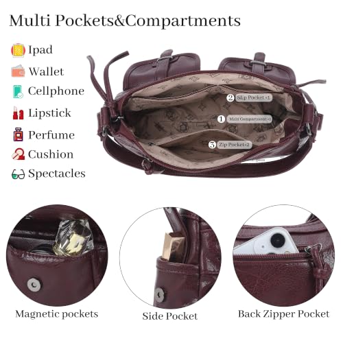 Angel Kiss Hobo Purses for Women Crossbody Shoulder Bag Ladies Multi Pocket Handbags with Adjustable Shoulder Strap | Soft Vegan Leather - color: Wine