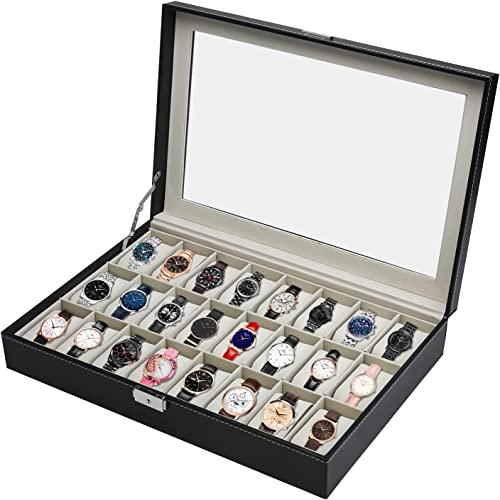 24 Slot Black Leather Watch Box for Collection,Metal Buckle Watches/Jewely Display Storage with Removable Pillows