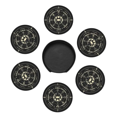 Mystic Witchy Leather Drinks Coasters with Holder, Set of 6 | Suitable For Various Cups - color: Mystic Witchy