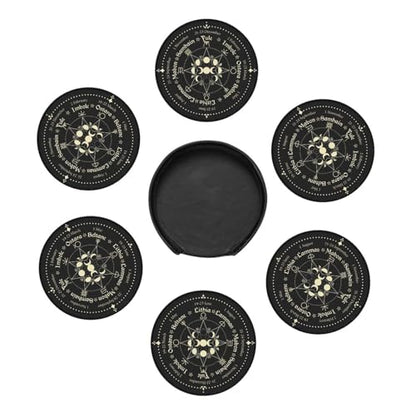 Mystic Witchy Leather Drinks Coasters with Holder, Set of 6 | Suitable For Various Cups - color: Mystic Witchy