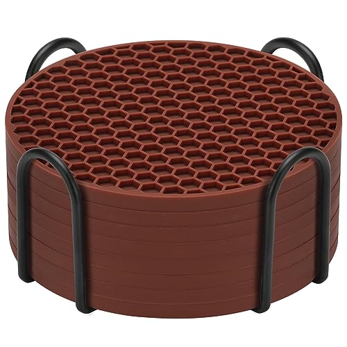 TWTLi Silicone Coasters Set of 8 with Holder — Non-Slip Drink Coasters for Coffee Table, Home Bar & Kitchen, Protects Wood & Marble Surfaces from Water Rings, Dishwasher Safe (Brown) - color: Brown, size: 8 Pcs